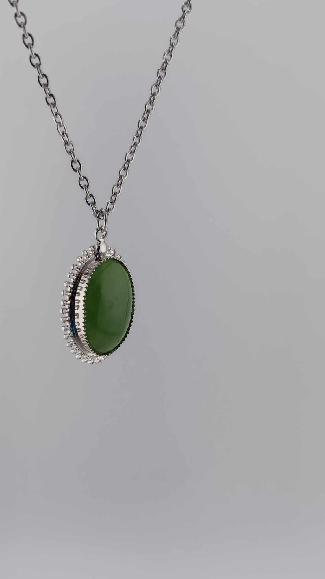 British Columbia Nephrite Jade Cabochon Pendant Necklace in Sterling Silver Setting